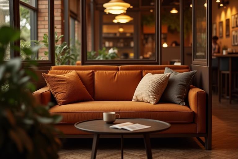 Coin salon cosy à l'intérieur du café avec un canapé confortable et des coussins