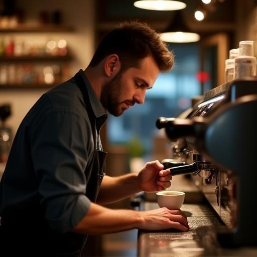 Barista préparant du café derrière le comptoir, focalisé sur l'extraction