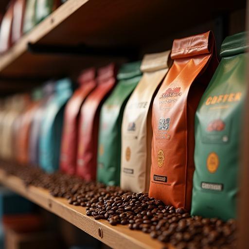 Présentation de sacs de grains de café de différentes origines sur une étagère