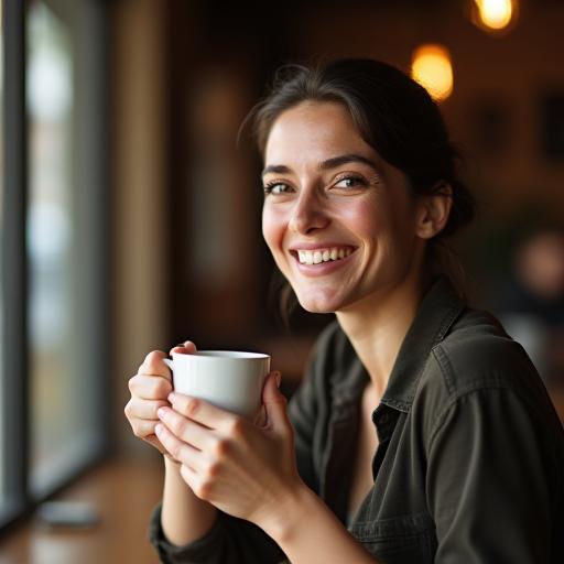Client souriant appréciant son café assis près de la fenêtre