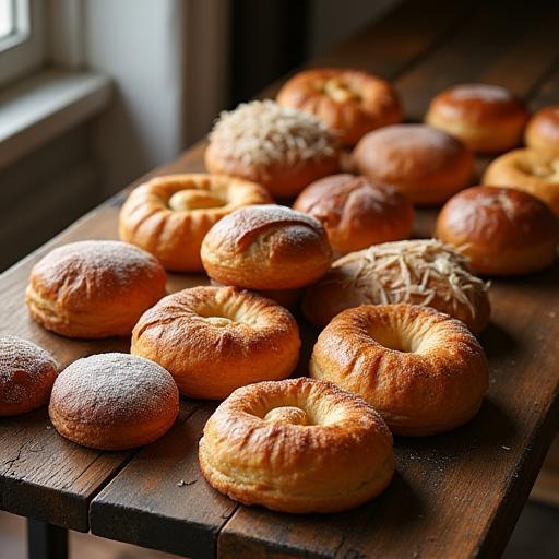 Assortiment de pâtisseries et viennoiseries sur une table en bois