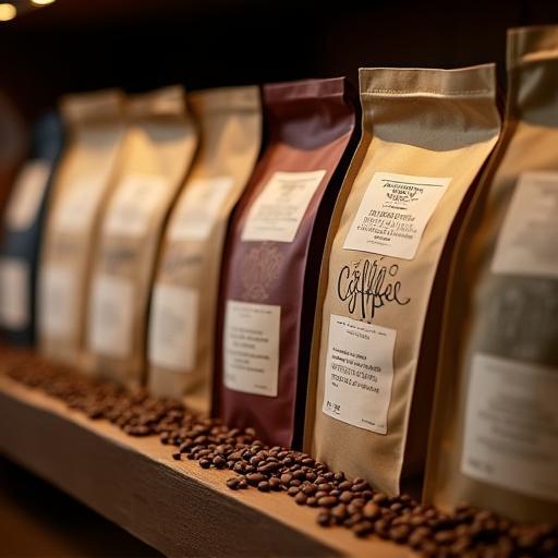 Sacs de grains de café torréfié sur une étagère